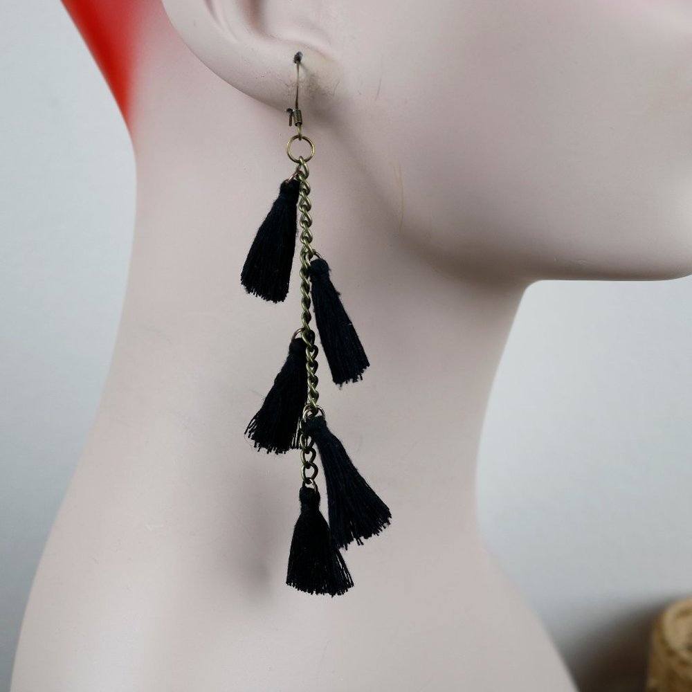 Antiqued Brass-Tone Black Tassel Dangle Earrings